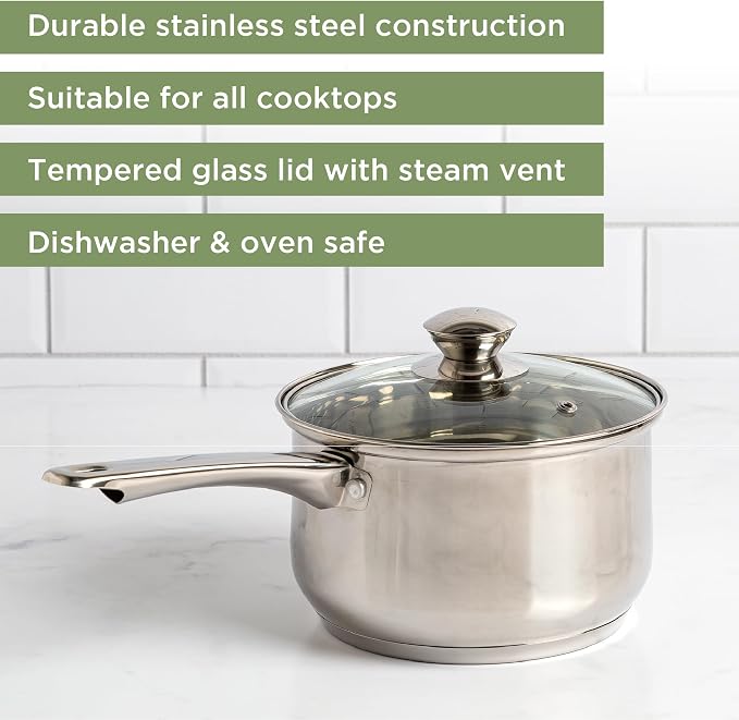 Ecolution Stainless Steel Sauce Pan, Encapsulated Induction Ready Cooking Pot with Glass Lid, Oven Safe, Dishwasher Safe Soup Pot, 3-Quart