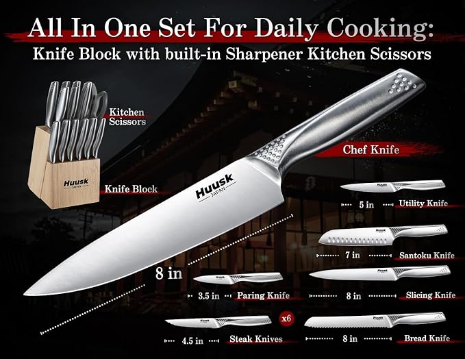 Huusk Kitchen Knife Set with Block & Built-in Sharpener - 14 pcs | Japanese Stainless Steel Knife Block Set, Sharp Chef Knife Set with Scissors, Ergonomic Handle, Gifts for Men Women