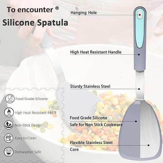 To encounter 3 Pieces Silicone Spatula Set, Heat Resistant Flexible Turner Spatulas, Nonstick Cookie Spatula, Fish Spatula, Dishwasher Safe, Light Grey