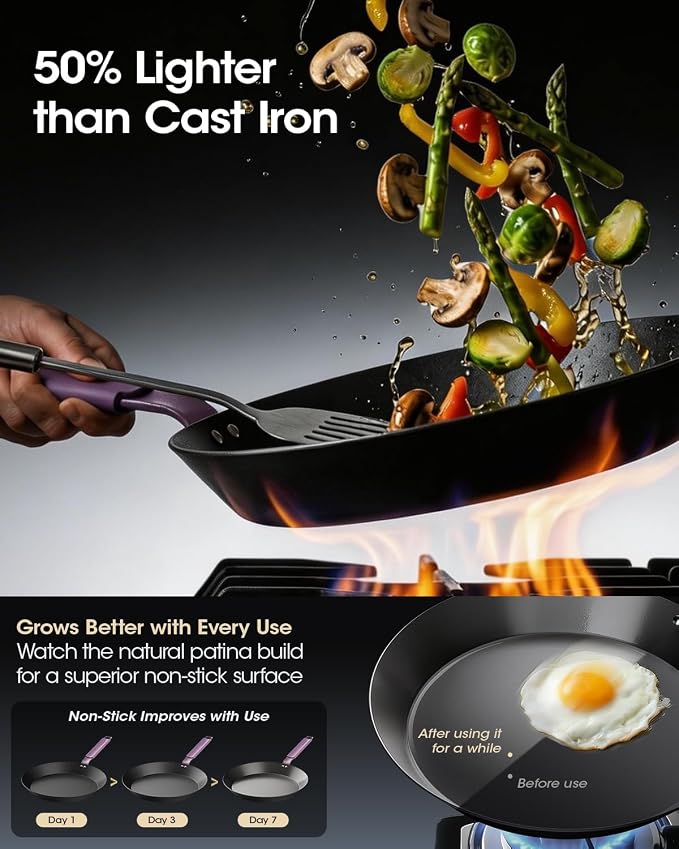 12 IN Carbon Steel Frying Pan, Pre-Seasoned Nitrided Preseasoned Skillet | Natural Patina Development with No Chemical Coating; Spacious Cooking Surface for Family Meals & Searing