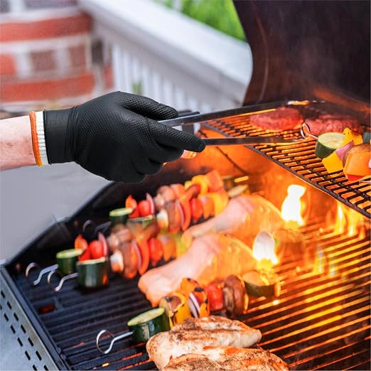 ANBOSON BBQ Gloves Disposable, Heat Resistant Grilling Gloves for Cooking | 10Mil Heavy Duty Nitrile Gloves-100Ct &4 Cotton Liners for Meat Handling Smoker for Hot Food Prep,Non-Slip Grip,XLarge,Black