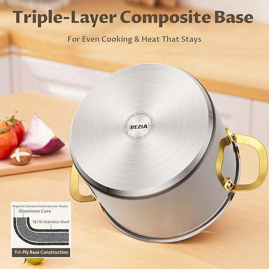 BEZIA 12 Quart Stainless Steel Stockpot with Lid, Induction Compatible Large Cooking Pots, Triple-Layer Bottom for Even Heat, Pasta & Soup Pot for Canning, Stews, and Bulk Cooking, Dishwasher Safe