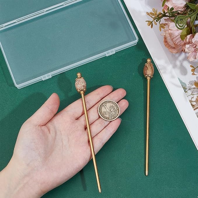 PH PandaHall 2PCS Picture Jasper Bead Hair Sticks 5.9inch Oval Gemstone Hairpins Golden Chinese Hairpin Metal Hair Chopsticks Vintage Hairpins for Valentine's Day Mother's Day Women Hairs Ornament