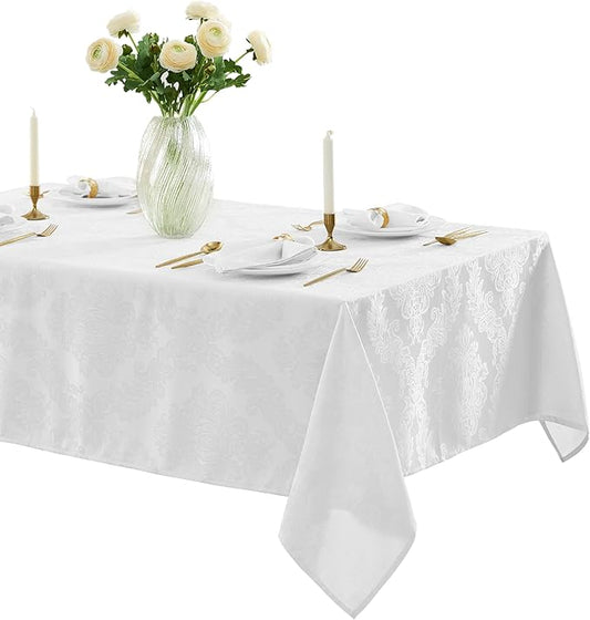 Newbridge Barcelona Luxury Damask Fabric Tablecloth, 52” Wide x 52” Square, White, 100% Polyester, No Iron, Soil Resistant Dining Room, Party and Banquet Table Cover