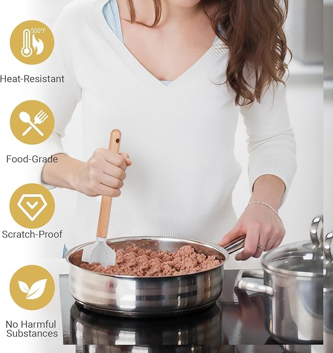 Meat Masher Stainless Steel Meat Chopper, 6-Blade Ground Beef Chopper Tool with 11" Wooden Handle for Hamburger,Turkey & Potato Masher (L, Wood Handle-1pc)