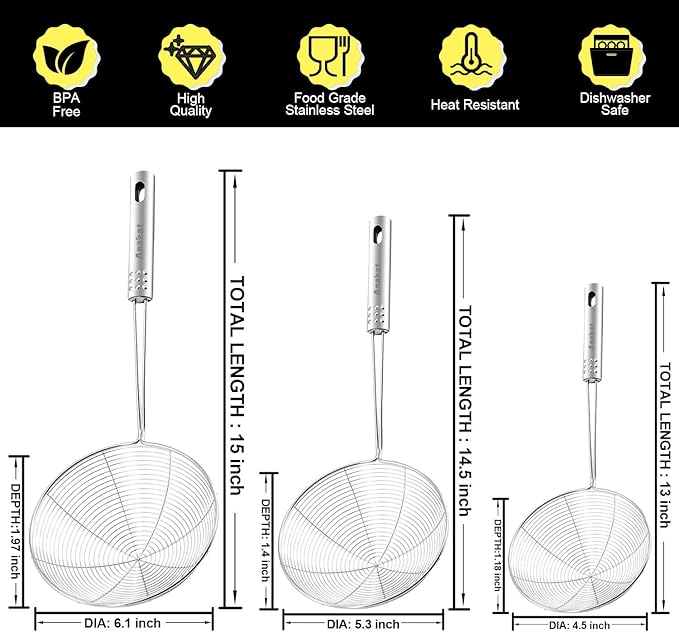 Anaeat Stainless Steel Spider Skimmer, Set of 3 Professional Kitchen Pasta Strainer Spoon with Long Handle - Asian Strainer Ladle Wire Skimmer Spoons for Cooking and Frying (4.5"+5.3"+6.1")