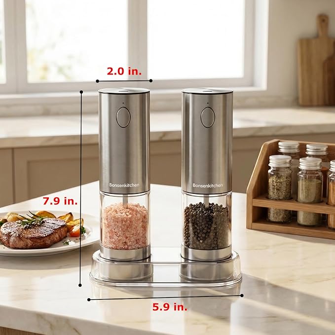 Bonsenkitchen Electric Salt and Pepper Grinder Set, USB-C Rechargeable Stainless Steel Adjustable Coarseness Pepper Mill with LED Light, 95ml Large Capacity, Clean Brush for Kitchen, BBQ & Camping