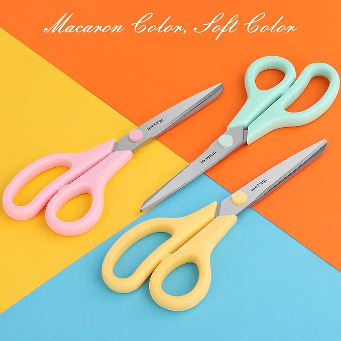 iBayam 8.5" All Purpose Yellow Pink Teal Scissors for School Office Teacher | 2.5mm Thick Blade Shears | Soft Comfort-grip | Left/Right Handed | Cute Office School Teacher Supplies | Home Sewing Fabric