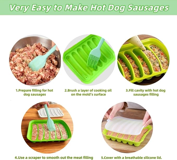 2 Pcs Silicone Sausage Mold with a Set of Silicone Brush Spatula and 25x Pastry Bags,Non-Stick Hot Dog Bun Pan,DIY Handmade Ham Sausage,Hot Dogs Baking Mold for Children's Food with Lid(Yellow/2)