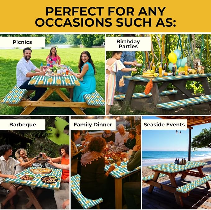 6ft Polyester Picnic Table Cover with Bench Covers Tablecloth Pineapple | Polyester Picnic Table Cover Windproof & Waterproof, Perfect for Camping Gifts & RV Essentials, Cool Camping Gadgets with bag