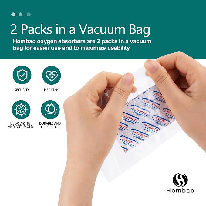 2000cc 50 Packs Food Grade Oxygen Absorbers - 2 Packs x 1 Vacuum Bag for Long Term Food Freshness - O2 Absorber for Canning & Preserving