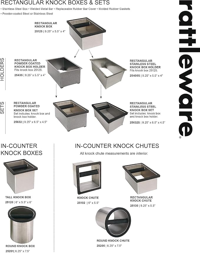 Rattleware Stainless Steel Open Bottom Knock Box Chute with Rubber Bar,6in | Open-bottom puck disposal