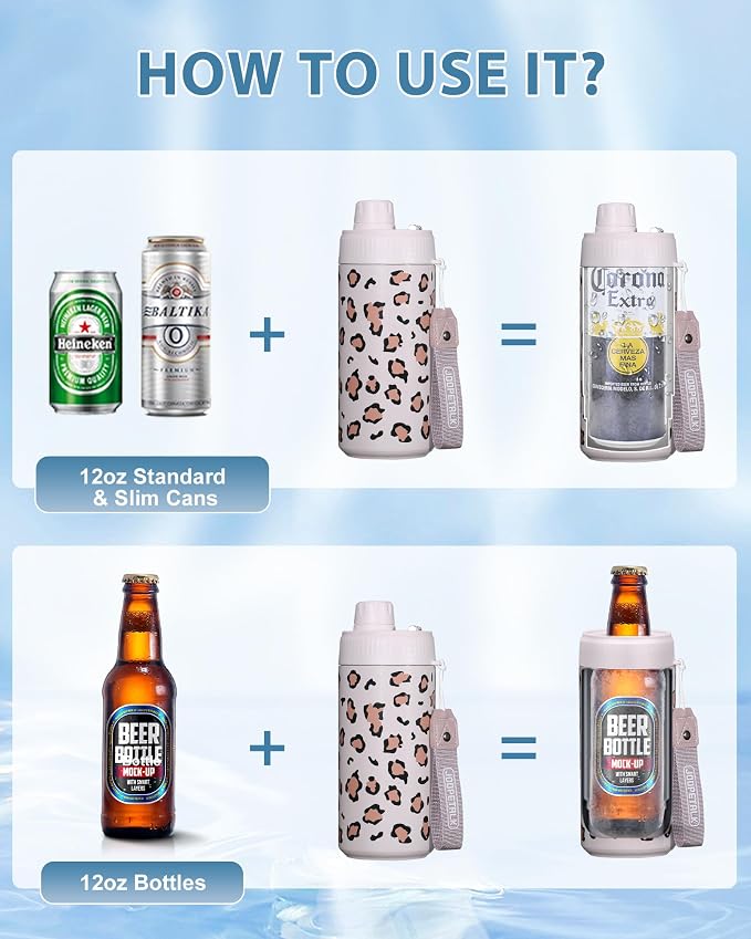 JOOPETALK Universal Can Cooler with Lid Fits All 12oz Cans& Bottles, 100% Leak-Proof Water Bottle, 4-in-1 Insulated Can Cooler for Beer, Soda & Energy Drinks, Dishwasher Safe