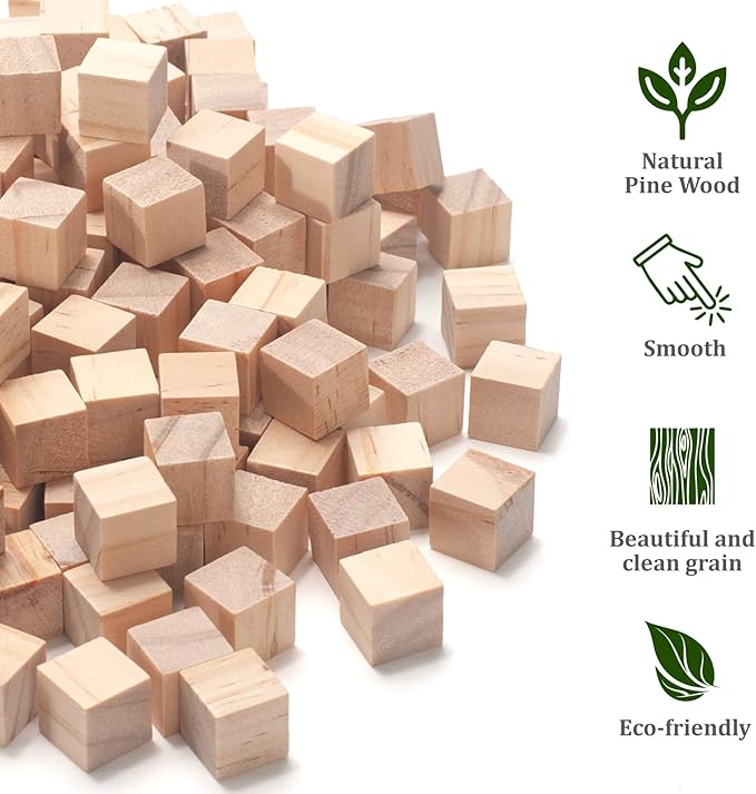 Wood Cubes Wooden Blocks for Crafts 1/2 inch, 200 PCS Small Blank Wood Blocks Wooden Cubes for Crafting, Baby Shower, Unfinished Plain Squares for Counting Blocks, Alphabets Letters, Stamps, Dice
