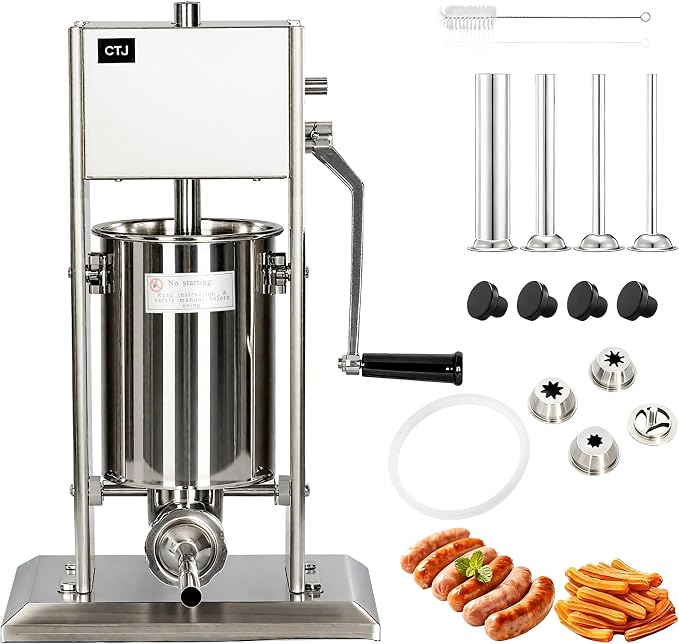 CTJ Sausage Stuffers Stainless Steel Sausage & Churro Maker 3L/7Lb | Manual 2 in 1 Sausage Stuffer & Churro Maker, 2-Speed Adjustable Vertical Sausage Maker, 4 Stuffing Tubes & Churros Nozzle