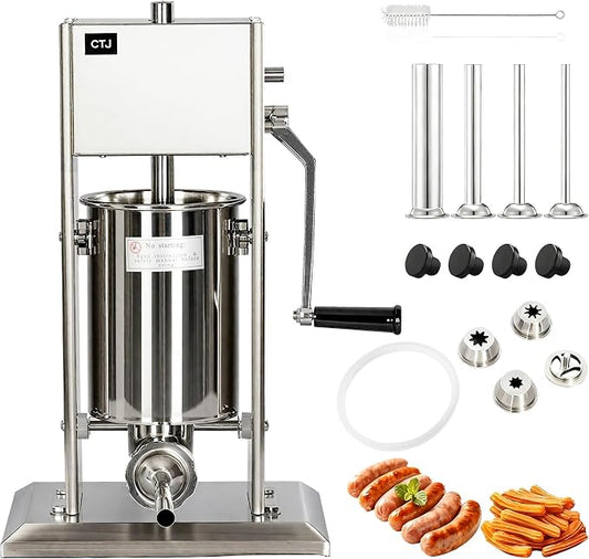 CTJ Sausage Stuffers Stainless Steel Sausage & Churro Maker 3L/7Lb | Manual 2 in 1 Sausage Stuffer & Churro Maker, 2-Speed Adjustable Vertical Sausage Maker, 4 Stuffing Tubes & Churros Nozzle