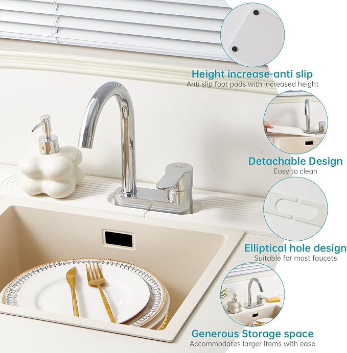 Stone Faucet Mat for Kitchen Sink with Oval Hole – 23.6" × 3.9" Diatomite Drying Stone Mat & Sink Protector, Quick-Dry Splash Guard Water-Absorbing Tray for Bathroom Counter（White.23.6 x 3.9）