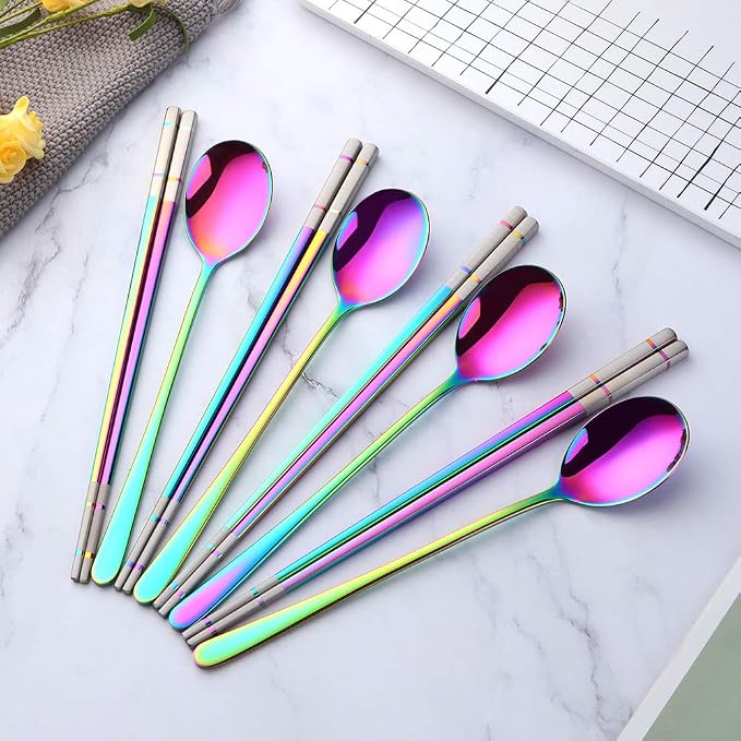 Buyer Star 4 Set Rainbow Square Chopsticks and Spoons Set Metal Stainless Steel Spoons Chopsticks Set