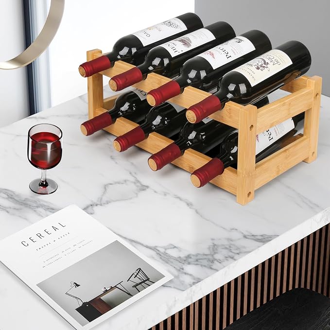 VASMIA Wine Rack, 2-Tier Bamboo Wine Racks Countertop Cabinet Wine Holder Wine Storage Shelf for Pantry Kitchen Bar, Natural