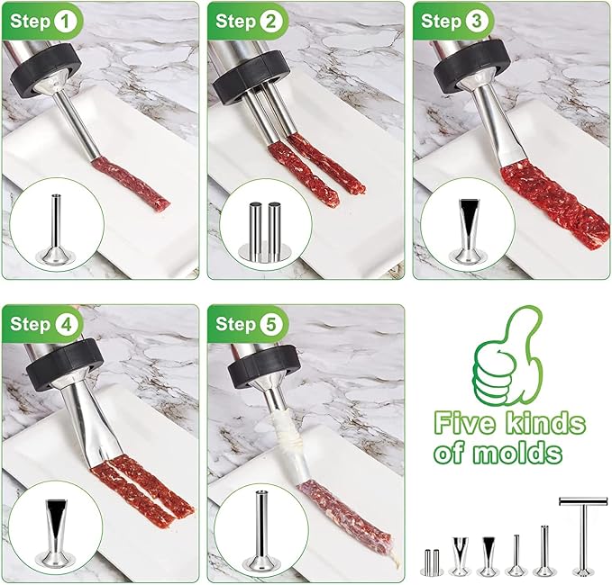 1.57 LB Large Capacity Jerky Gun Kits, Stainless Steel Jerky Shooter Cannon, Beef Stick Gun, Beef Deer Jerky Maker, Meat Gun, Sausage Stuffer with 5 Nozzles 5 Brushes 1 Meat Pusher, Gift for Women Mom