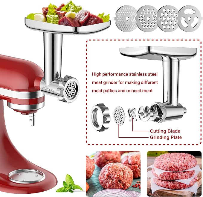 GVODE Stainless Steel Meat Grinder Attachment for KitchenAid Stand Mixer | Food Grinder attachment with 4 Grinding Plates, 3 Sausage Stuffer Tubes, 2 Grinding Blades, Mixers Accessories for Kitchen