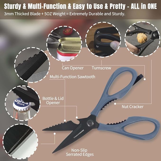 Kitchen Scissors All Purpose, Extra Sharp Kitchen Shears with Knife Sharpener & Sheath, Solid & Durable Stainless Steel Scissors with ANTI-RUST Black Titanium Plated, Dishwasher Safe – Blue