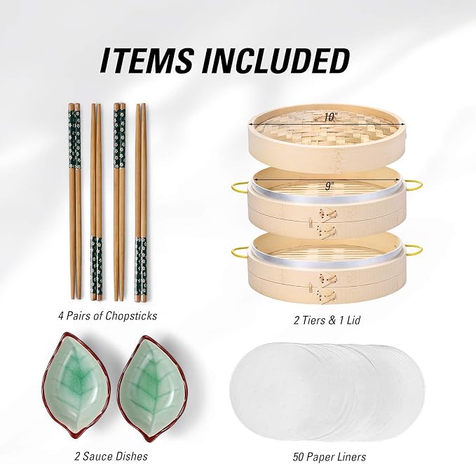 MacaRio 10 Inch Bamboo Steamer Basket Set Dumpling Steamer for Cooking | 2-tier with lid side handles chopsticks ceramic sauce dishes 50 paper liners for dumplings buns vegetables