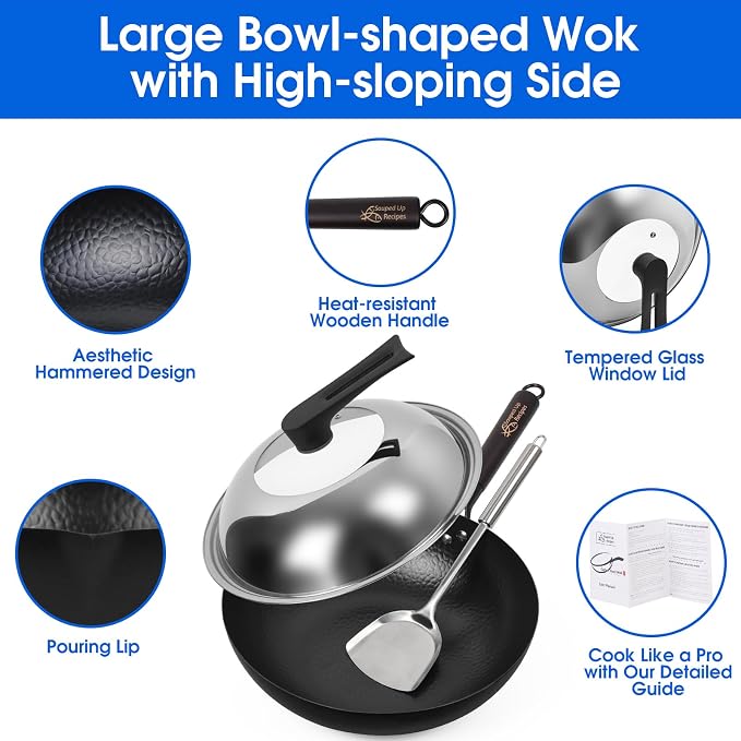 Souped Up Recipes 12.5 Inch Carbon Steel Wok For Electric, Induction and Gas Stoves (Lid, Spatula and User Guide Video Included)