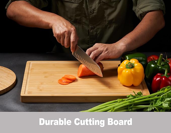 Allsum Large Bamboo Wood Cutting Boards for Kitchen, 1" Extra Thick Butcher Block with Juice Grooves & Handles Resisting to Warping and Cracking, Fancy Charcuterie Boards, 17"L x 12.5"W
