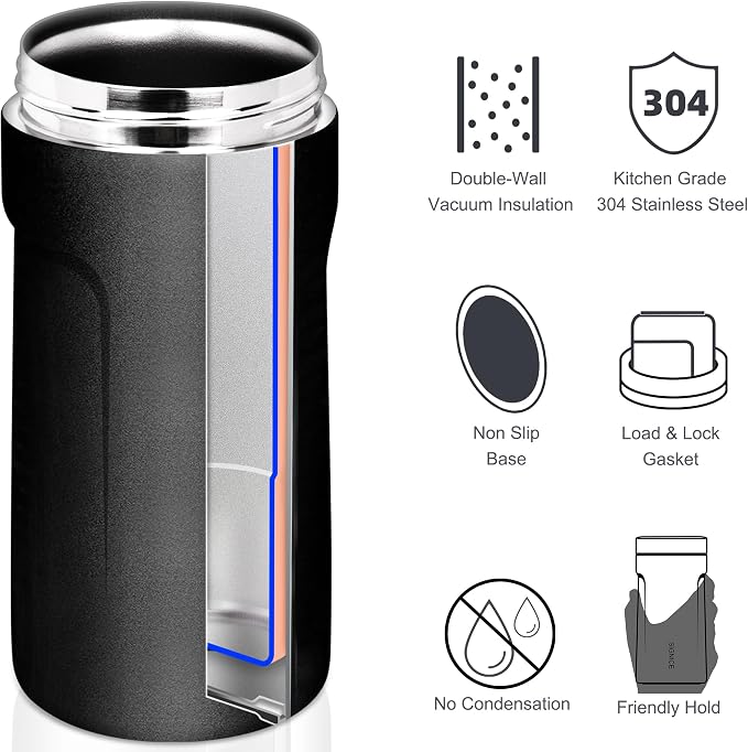 3 In 1 Insulated Universal Can Cooler - Signice Double Walled Vacuum Insulator Stainless Steel Slim Can Cooler for 12 Oz Skinny Tall Standard Regular Can Beer Bottle (Matte Black)