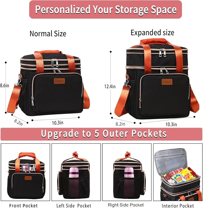 GLENKEY Expandable Lunch Box Cooler Bag - Insulated Soft Lunch Bag for Men Women - Large Lunchbox for Adults Work Camping Outdoor Travel Black Brown 16L