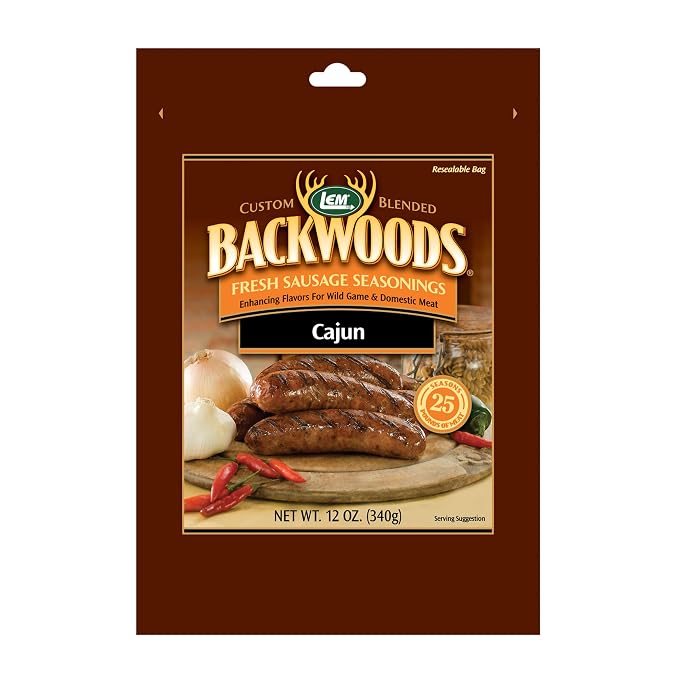 LEM Products Backwoods Cajun Fresh Sausage Seasoning, 12 oz Packet | Pre-Measured Seasoning for Wild Game and Domestic Meat, Seasons Up to 25 Pounds of Meat for Homemade Sausages