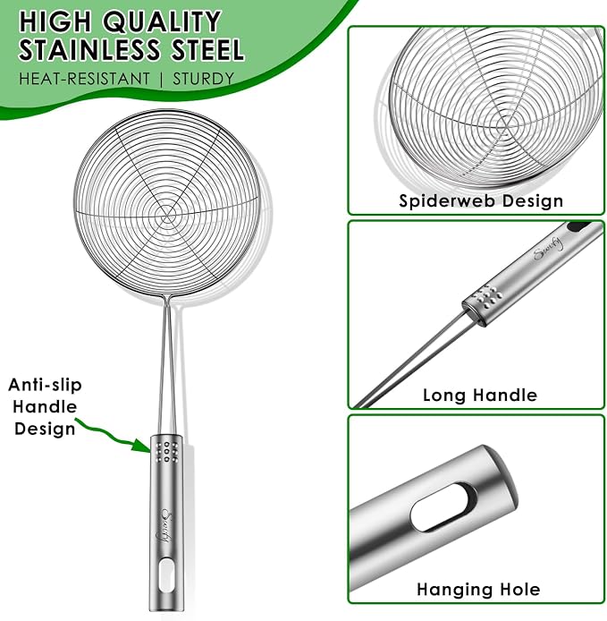 Swify Spider Strainer Set of 3 Asian Strainer Ladle Stainless Steel Wire Skimmer Spoon with Handle for Kitchen Frying Food, Pasta, Spaghetti, Noodle-4.3", 5", 5.7"