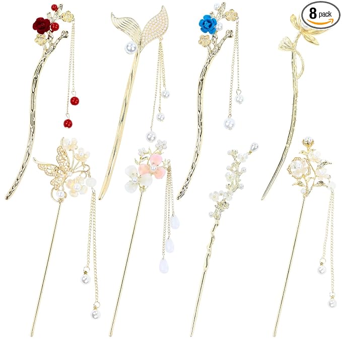inSowni 8 Pieces Retro Vintage Asian Japanese Chinese Hanfu Gold Metal Flower Hair Sticks with Pearl Pendants Fishtail Lotus Butterfly Long Hair Pins Forks Chopsticks Bun Updo Holders for Women Girls
