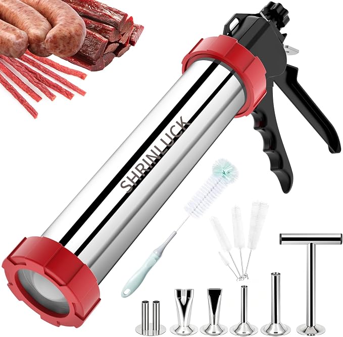 Premium 2.3LB Beef Jerky Gun Kits, Upgraded 316 Stainless Steel Jerky Maker, Sausage Stuffer, Jerky Cannon, Meat Gun, Beef Jerky Making Gun with 5 Nozzles, 1 Meat Pusher & 5 Cleaning Brushes