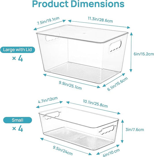 Vtopmart 8 Pack Clear Storage Bins with Lid Set for Pantry Organizer | 4 Large and 4 Small Plastic Pantry Storage Bins with Handle, Storage Containers for Pantry, Kitchen, Fridge, Cabinet