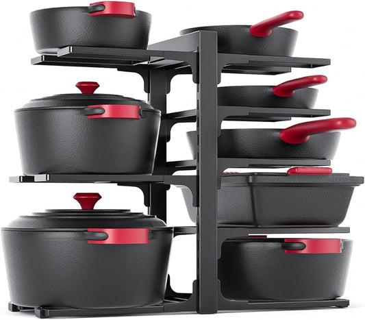 MUDEELA 8-Tier Heavy Duty Pots and Pans Organizer under Cabinet, Black | Adjustable 15.83" H pot rack, pan organizer Holds big stockpots, Cast Iron Skillet and cookware for use inside cabinets