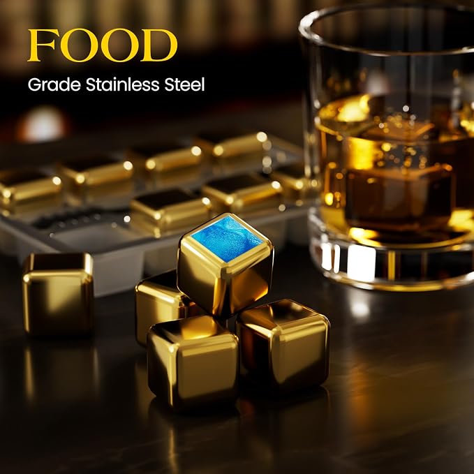 Kollea Whiskey Stones, 8-Pack Golden Stainless Steel Whiskey Chilling Rocks, Reusable Ice Cube for Drinking, Rum Cocktail Drink Accessories, Bartender Kit, House Warming Gifts, Drinking Bar, Christmas