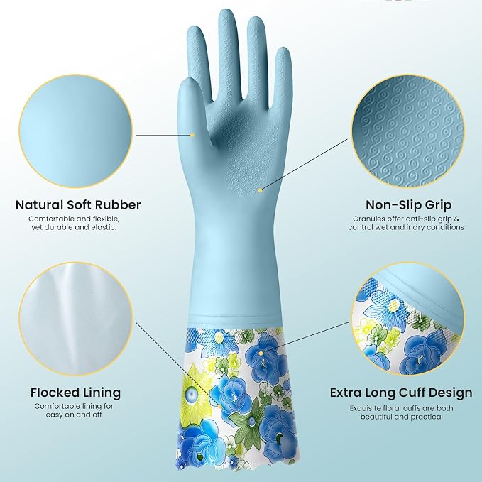 KAQ 3 Pairs Dishwashing Cleaning Gloves, Reusable Long Rubber Gloves with Cotton Lining, Latex Free Dish Washing Gloves, Water Resistant Household Glove for Kitchen Bathroom(Medium)