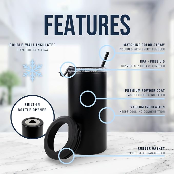 4 in 1 Universal Can Cooler - Black, Can Holder Insulated, Beer Bottle Cooler, Universal Holder for All Drink Sizes, Stainless Steel Insulated Tumbler, Tailgating Accessories