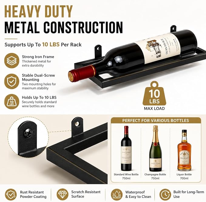 6-Shelf Metal Wall Mounted Wine Rack - Hanging Wine Bottle Holder Organizer for Kitchen, Bar, Home Storage - 6PCS Iron Wine Bottle Display Stand (6PCS-Black)