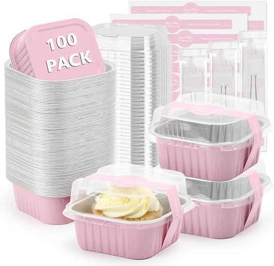 Ruckae 5oz 100 Pcs Square Mini Loaf Pans with Lids-Disposable Foil Dessert Containers,Mini Cake Pans with Lids,Aluminum Dessert Cups for Parties and Weddings (Pink, 5oz)