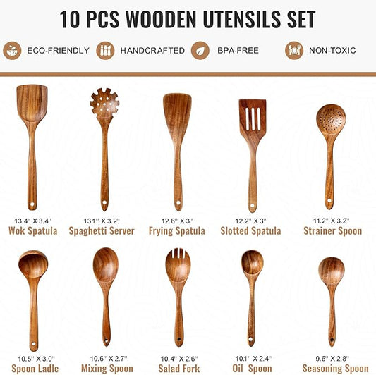 10 Pcs Wooden Spoons for Cooking, Natural Teak Wooden Kitchen Utensils Set, Durable Cooking Utensils Set with Comfort Grip for Cookware, Smooth Finish&NonStick& Heat Resistant Wooden Spatula