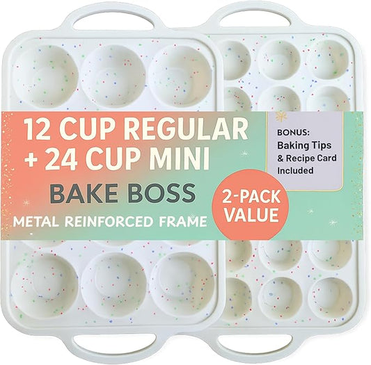 2-Pack Silicone Muffin Pan Set – Regular 12-Cup & Mini 24-Cup Nonstick Cupcake Pans – Metal-Reinforced Handles, BPA-Free, Non-Toxic, Dishwasher Safe, Cream Color Bakeware