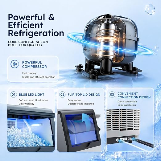 Mojgar Commercial Ice Maker Machine, 150Lbs/24H with 50Lbs Storage Bin | 45 Cubes in 5–15 Mins for Home Bar, Self-Cleaning, Stainless Steel, Built-in or Freestanding, Under Counter Ice Machine