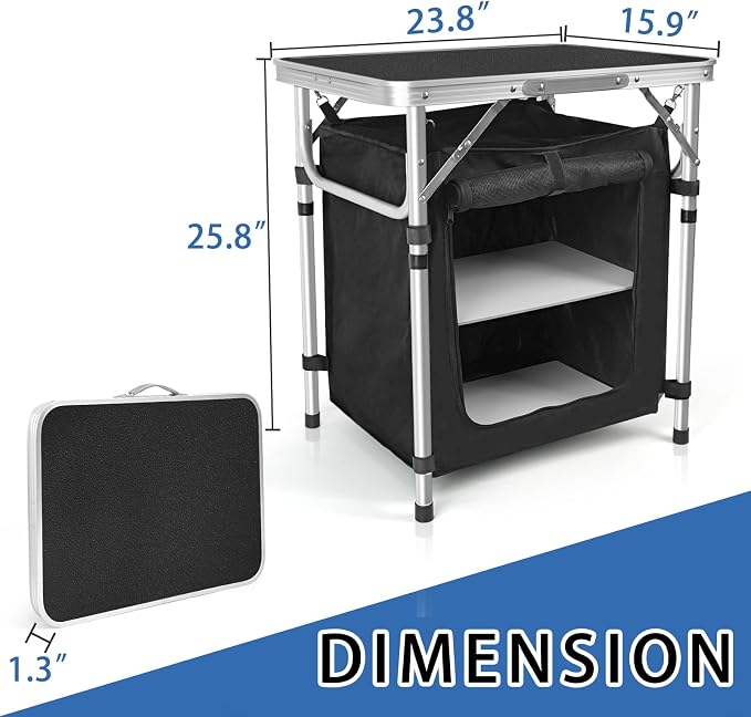 CampLand Folding Cooking Table Outdoor Portable Cook Station Aluminum Camping Kitchen with Storage Organizer, Windscreen, Hooks for BBQ, Party (SamllBlack)