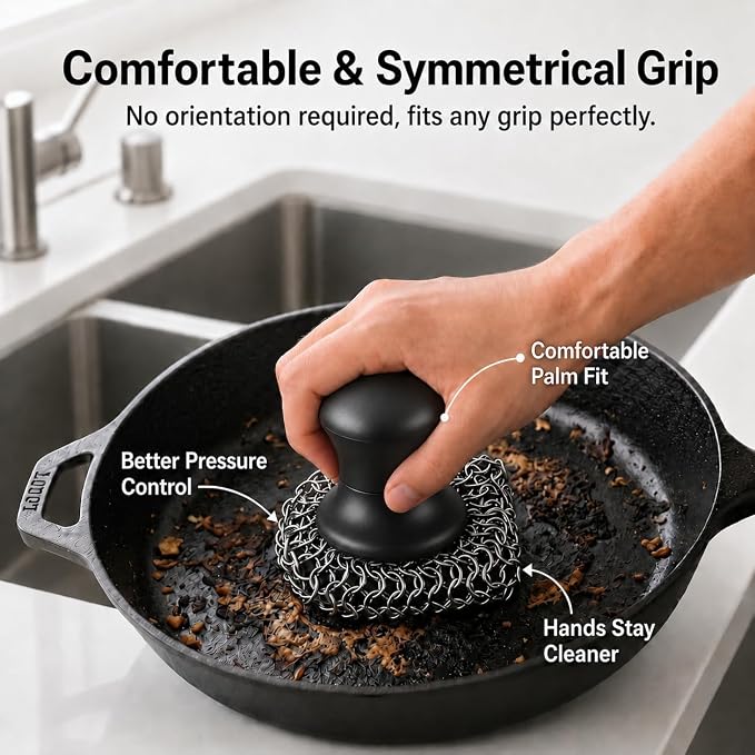 Cast Iron Scrubber and Scraper | 316 Chainmail Scrubber for Cast Iron Pan | Chain Mail Scrubber for Cast Iron Skillet Cleaner | Dishes Pots Wok Griddle Grill | Dish Scouring Pad Dishwasher Safe, Black1