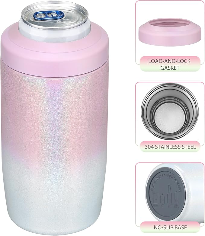 MAXSO Slim Can Cooler, 4-in-1 Double Walled Stainless Steel Insulated Beer Can Holder, Works With All 12 Oz Cans,Bottles & As A Pint Cups - Gradual Pink White