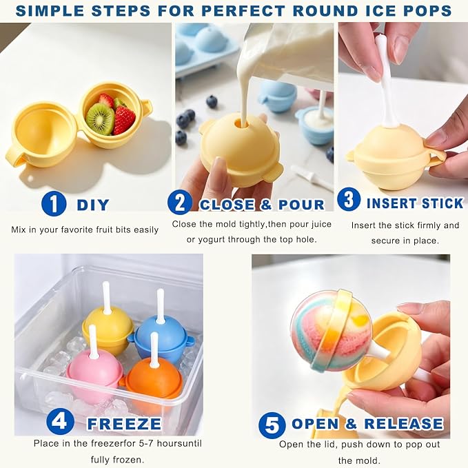 Silicone Lollipop Ice Cream Maker Molds,Colorful Diy Popsicle Molds for Kids,Creative Sphere Ice Pop Mold for Summer Parties, Reusable Popsicle Molds Easy Release(4pcs)