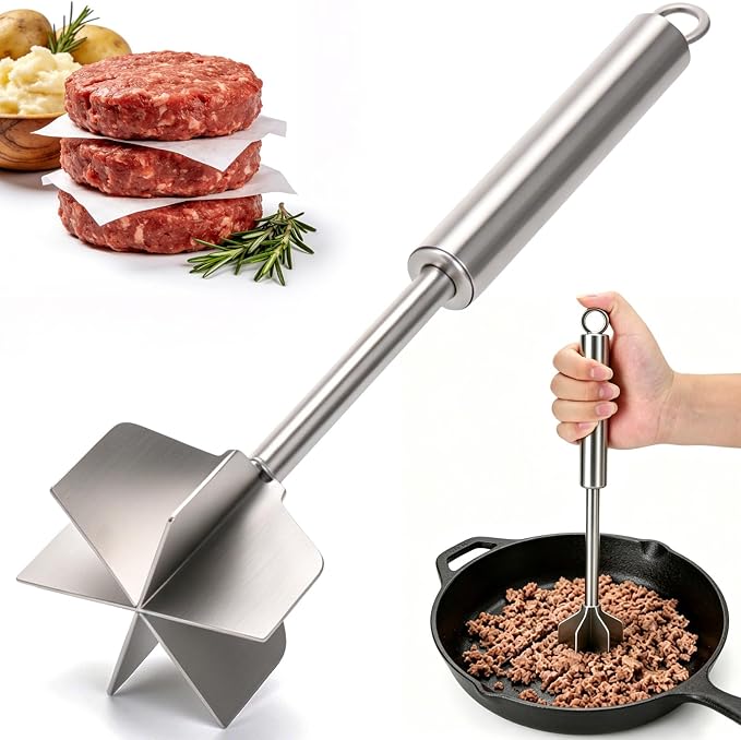 Palksky Meat Masher, 11 Inch Stainless Steel Ground Beef Masher with 6-Blade Head, Heavy Duty Meat Chopper for Ground Beef, Hamburger Smasher Tool for Potatoes, Chicken and Meal Prep